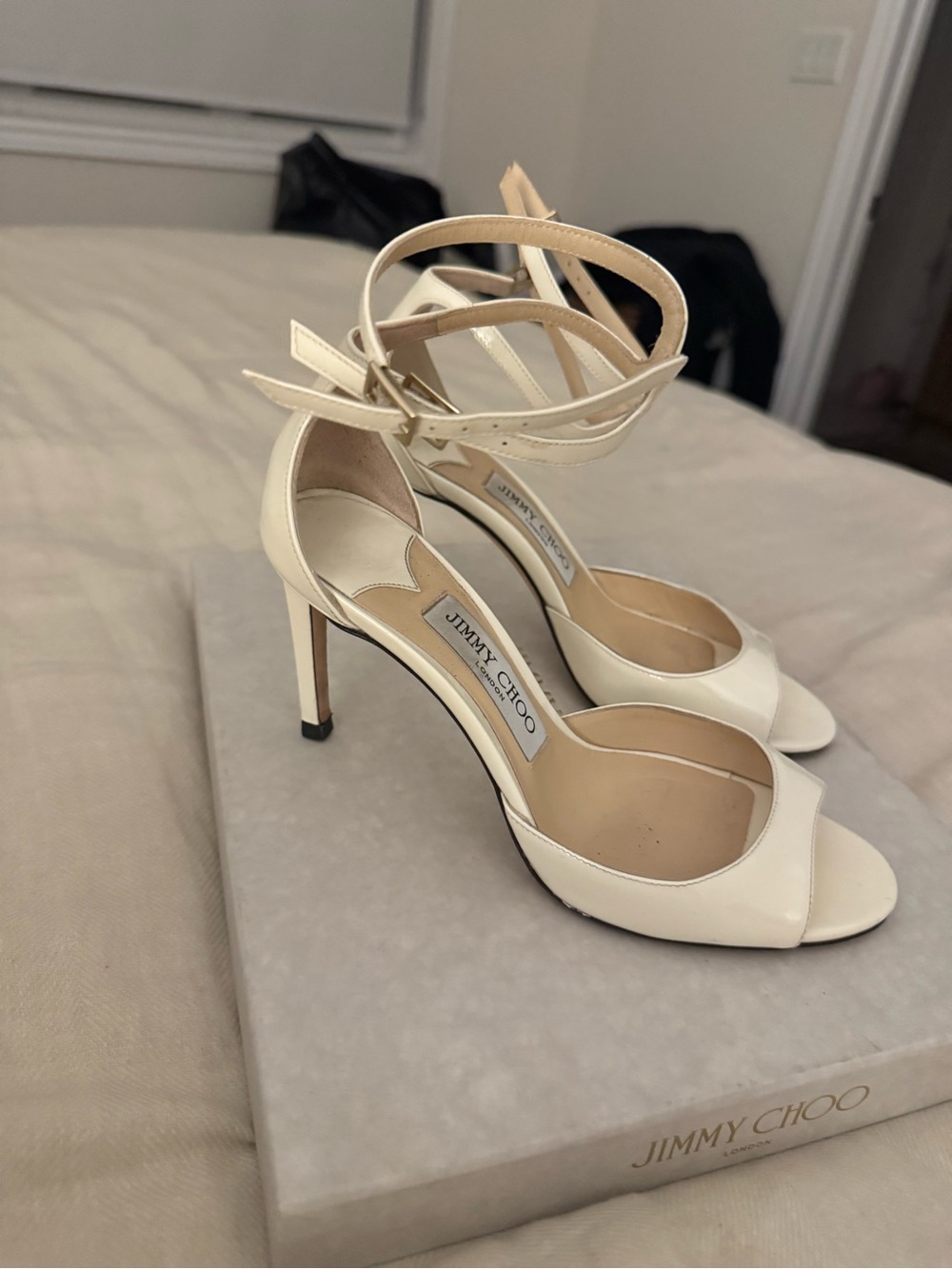 Jimmy Choo Cream Patent Leather Ankle‑Strap Stiletto Heels - Picture 6 of 9